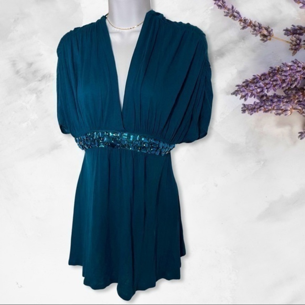 Embellished flowing teal blouse small 2/4/6